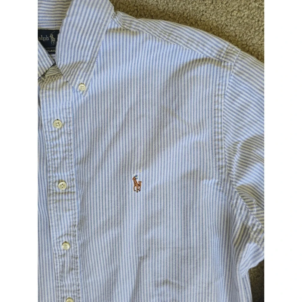 Ralph Lauren Classic Fit Blue White Striped Button Down‎ Shirt 16 32/33 Mens Lg